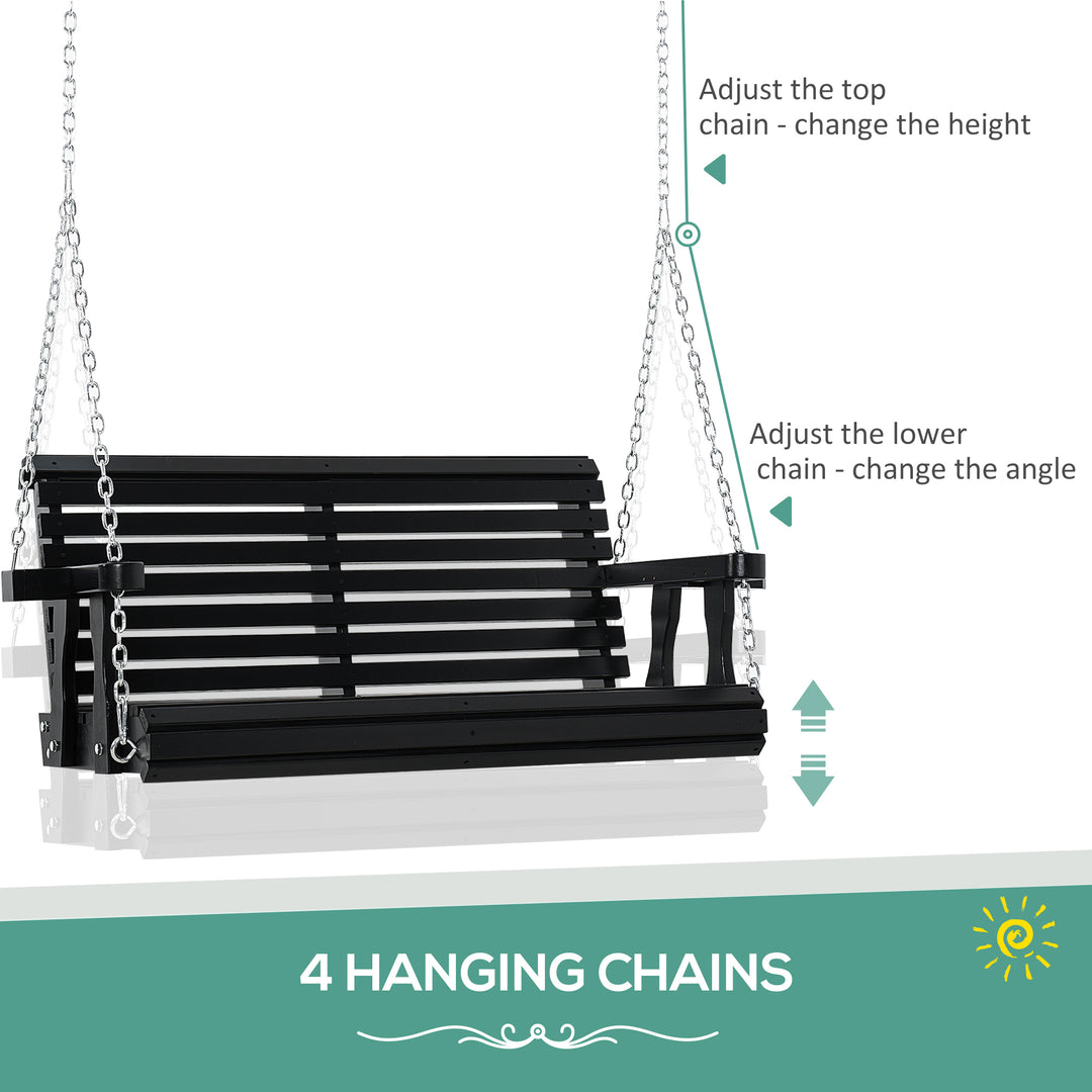 Outsunny 2 Seater Porch Swing Wooden Patio Swing Chair Seat with Cup Holder and Chains Outdoor Swing Bench for Garden Yard, Black