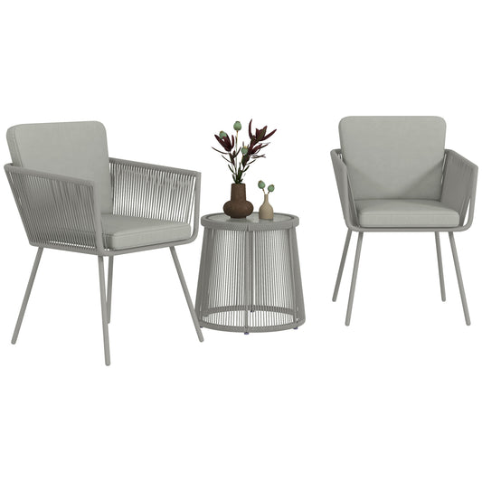 Outsunny 3 Piece Outdoor Patio Bistro Set, Wicker Rattan Furniture with Metal Legs for Garden, Backyard, Light Grey