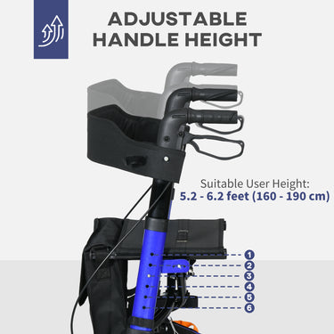 HOMCOM Rollator for Seniors with Seat, Rubber Wheels, Aluminum Folding Rolling Walker with Adjustable Handle, Bag, Blue