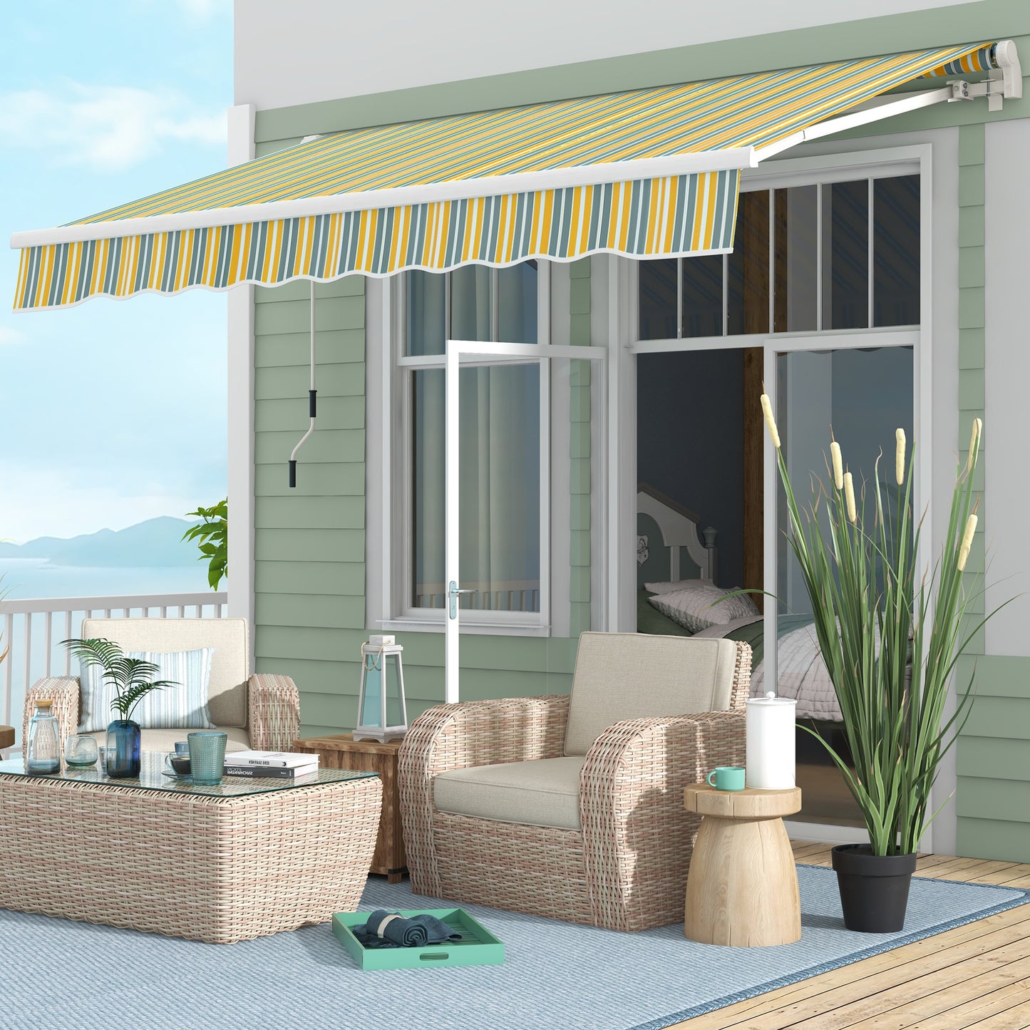 Outsunny 10' x 6.5' Manual Retractable Awning with LED Lights, Aluminum Frame Sun Canopies for Patio Door Window, Yellow/Grey