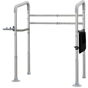 HOMCOM Stand Alone Toilet Safety Rails, Toilet Rails with Adjustable Height Width, 300lb Grab Bar with Suction Cups, Storage, Padded Handles for Elderly
