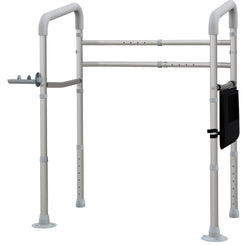 HOMCOM Stand Alone Toilet Safety Rails, Toilet Rails with Adjustable Height Width, 300lb Grab Bar with Suction Cups, Storage, Padded Handles for Elderly