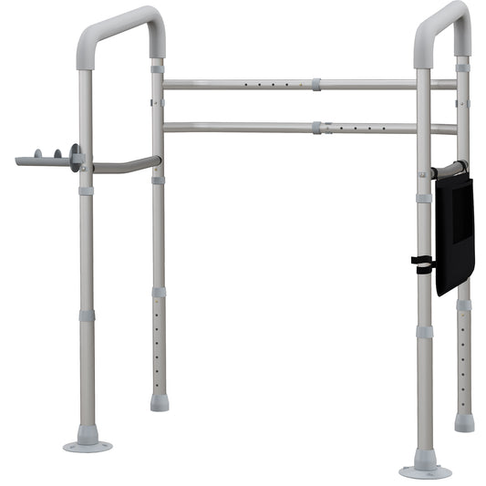 HOMCOM Stand Alone Toilet Safety Rails, Toilet Rails with Adjustable Height Width, 300lb Grab Bar with Suction Cups, Storage, Padded Handles for Elderly
