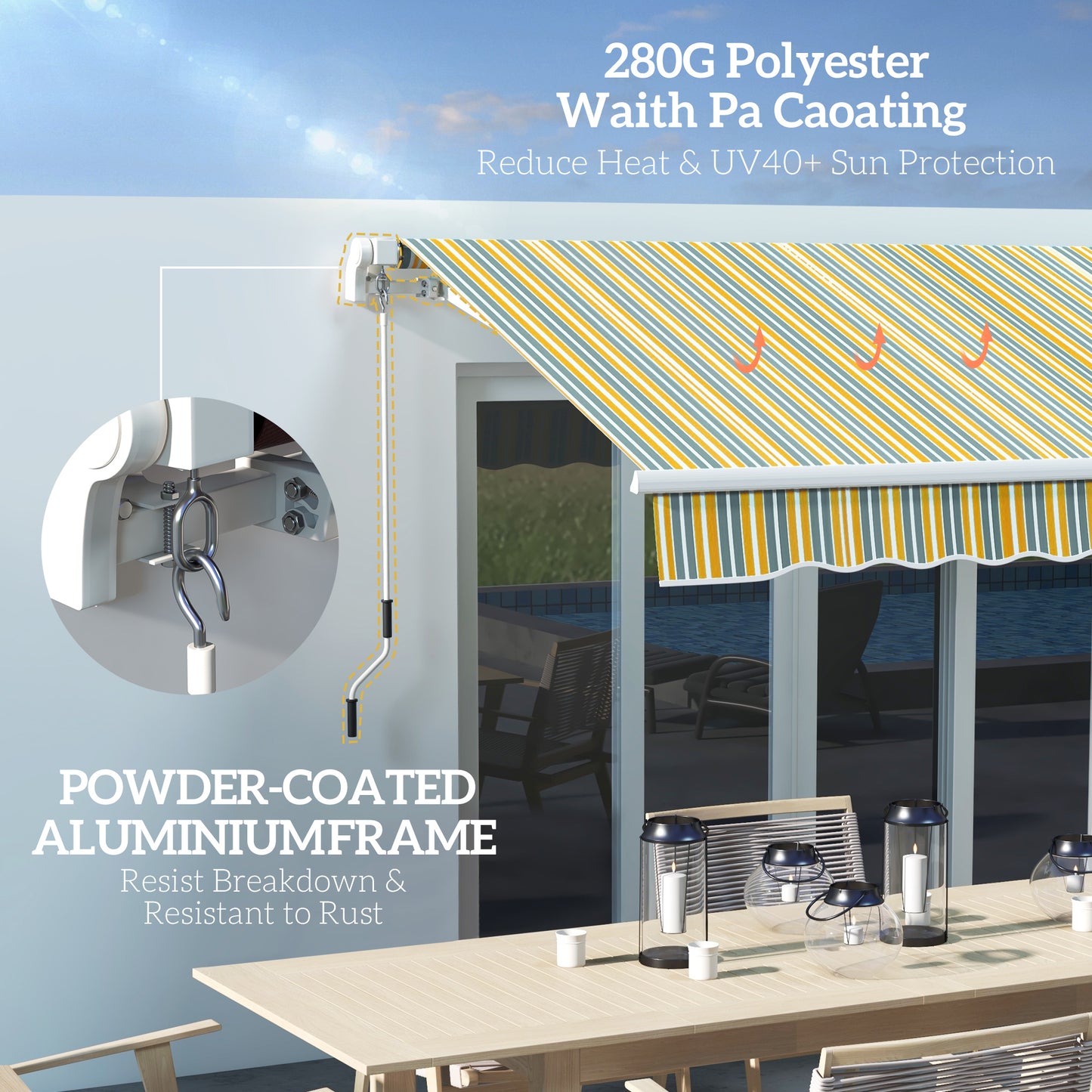 Outsunny 10' x 6.5' Manual Retractable Awning with LED Lights, Aluminum Frame Sun Canopies for Patio Door Window, Yellow/Grey