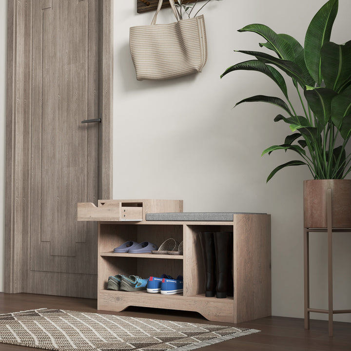 HOMCOM Upholstered Shoe Storage Bench, Hallway Shoe Storage with Seat, Drawer, 3 Open Shelves for Entryway, White