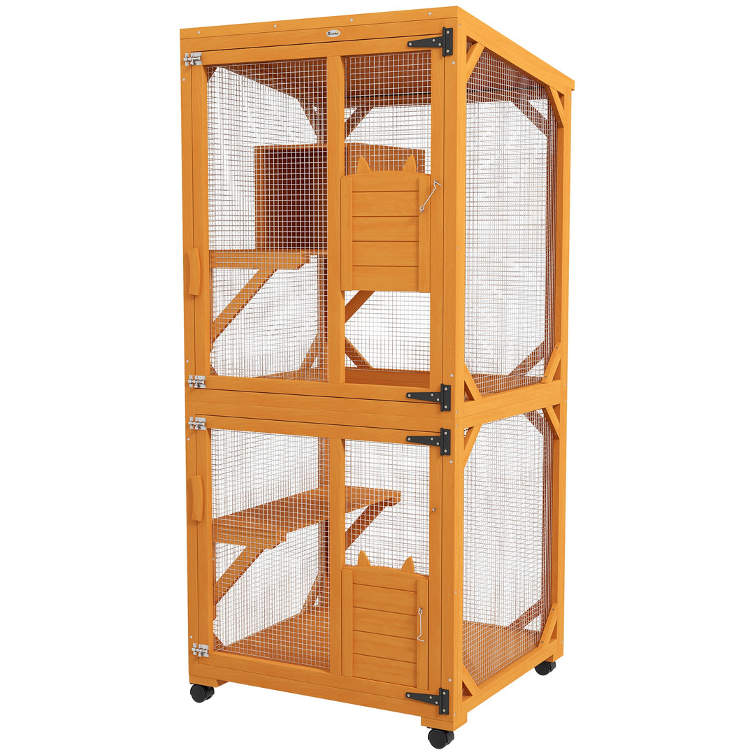 PawHut Catio Outdoor, Elevated Design, with Wheels, Resting Box, Water-Resistant, Multi Platforms, Orange