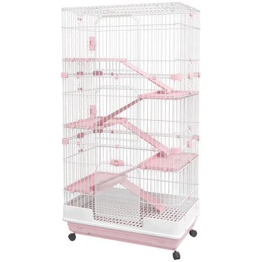 PawHut 32"L 6-Level Small Animal Cage with Universal Lockable Wheels, Pink