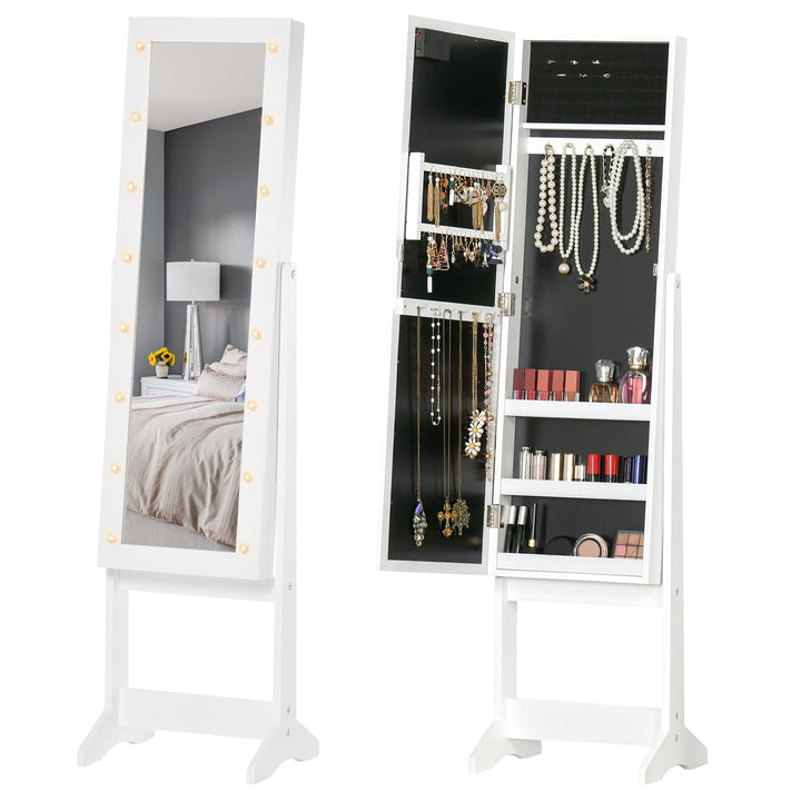 HOMCOM Free Standing Armoire Organizer, Lighted Mirrored Jewelry Cabinet w/ Angle Adjustable & 16 LED Lights Warm White