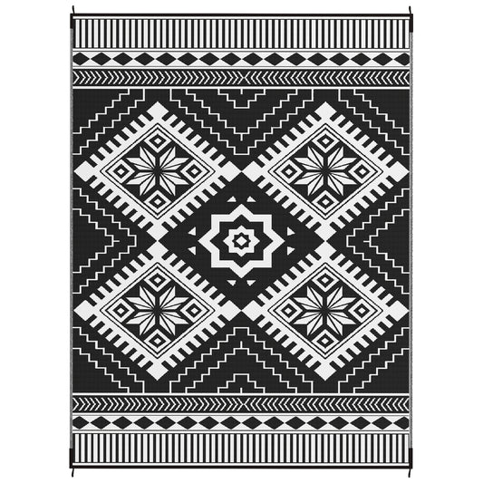 Outsunny 9' x 12' Outdoor RV Rug, Reversible Patio Floor Mat with Carry Bag, Toothed Rhombus, White and Black