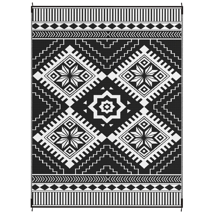 Outsunny 9' x 12' Outdoor RV Rug, Reversible Patio Floor Mat with Carry Bag, Toothed Rhombus, White and Black