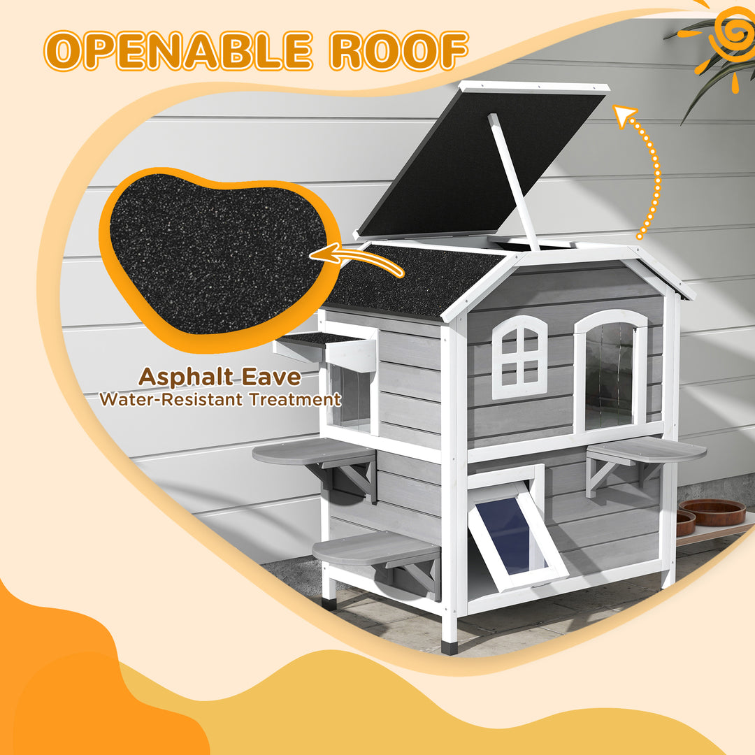 PawHut 2-Storey Outdoor Cat House, Wooden Catio with Openable Roof, Lounge Space, Fun Entrances, for Feral Cats, Yellow