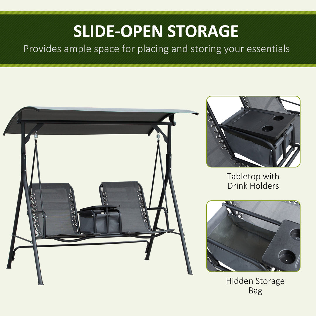 Outsunny 2 Person Covered Porch Swing Patio Swing with Pivot Storage Table, Cup Holder, & Adjustable Overhead Canopy, Grey