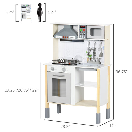 Qaba Wooden Play Kitchen with Realistic Lights Sounds, Microwave, Range Hood, Cooking Accessories, Adjustable Height, White