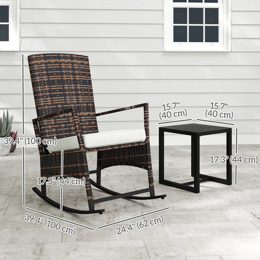 Outsunny 3 Piece Rocking Bistro Set, Wicker Patio Furniture with 3-Level Reclining High Back Rocking Chair and Glass Table, White