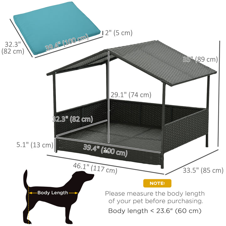PawHut Outdoor Dog House Wicker Dog Bed with Soft Cushion Washable Cover, for Medium Large Dogs Indoor Outdoor, Blue
