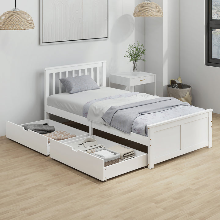 HOMCOM Pine Twin Bed Frame, Wood Storage Bed Frame with Drawers, Wood Slat Support, No Box Spring Needed, Easy Assembly, White
