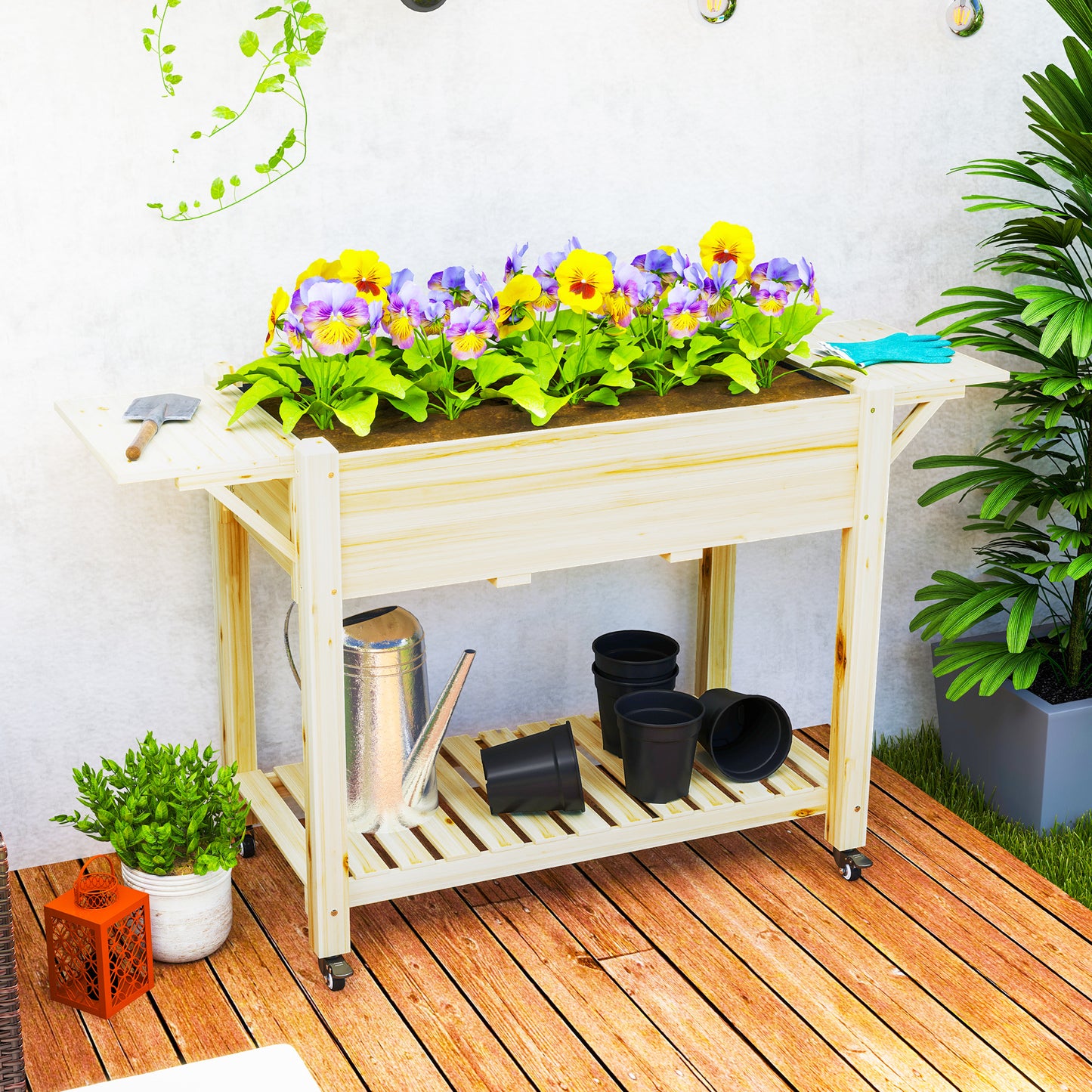 Outsunny Raised Garden Bed, Wood Planter Box with Lockable Wheels, Side Tables, Bottom Shelf, Bed Liner, Drain Holes, Natural