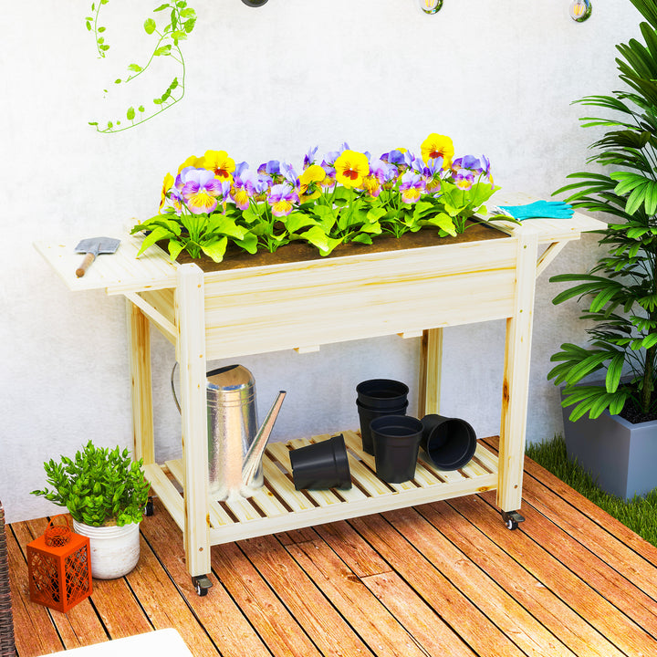 Outsunny Raised Garden Bed, Wood Planter Box with Lockable Wheels, Side Tables, Bottom Shelf, Bed Liner, Drain Holes, Natural