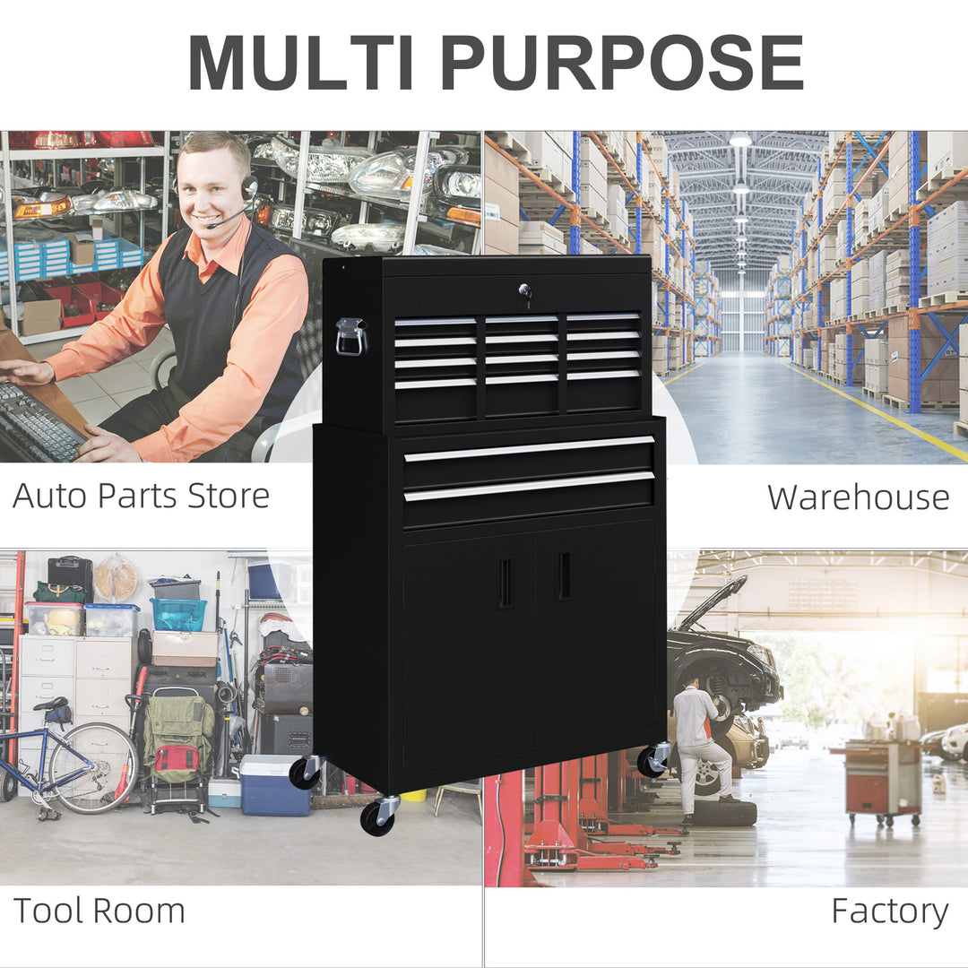 HOMCOM 6-Drawer Rolling Tool Chest, 2 in 1 Lockable Storage Cabinet with Hooks, Metal Tool Box for Garage, Workshop, Black