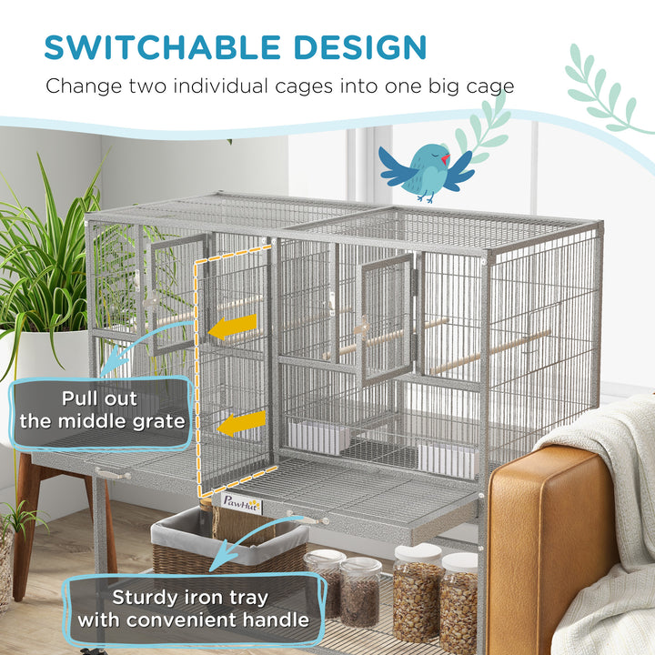 PawHut Large Double Rolling Metal Bird Cage Bird House w/ Removable Tray Storage Shelf