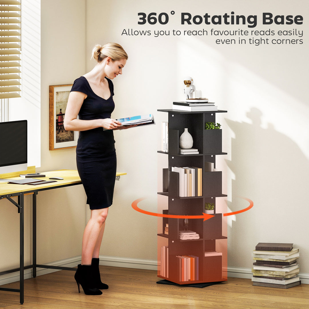 HOMCOM 360° Rotating Bookcase, 4 Tier Bookshelf with 16 Cubbies for Small Space, Living Room, Bedroom, Study, Black Wood Grain