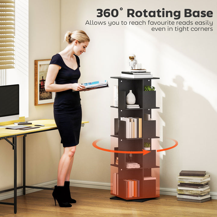 HOMCOM 360° Rotating Bookcase, 4 Tier Bookshelf with 16 Cubbies for Small Space, Living Room, Bedroom, Study, Black Wood Grain