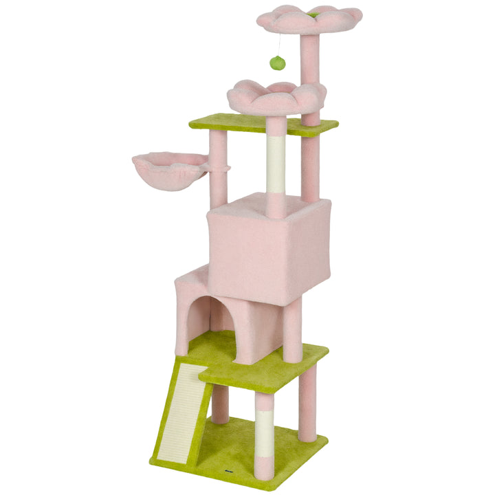 PawHut Flower Cat Tree with Sisal Scratching Posts, Multi-Level Cat Tower, Pink