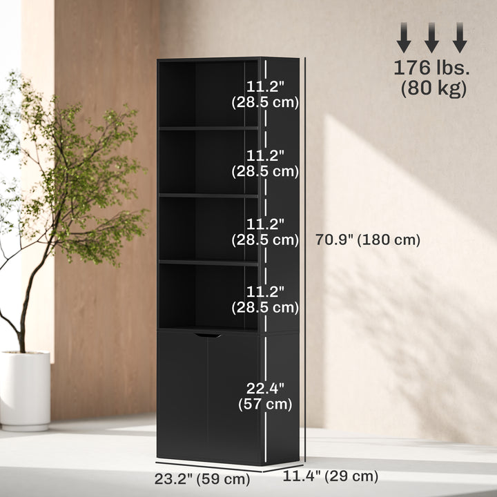 HOMCOM 4-Tier Open Bookshelf with Doors Modern Home Office Bookcase Storage Cabinet for Living Room Bathroom Study, Oak