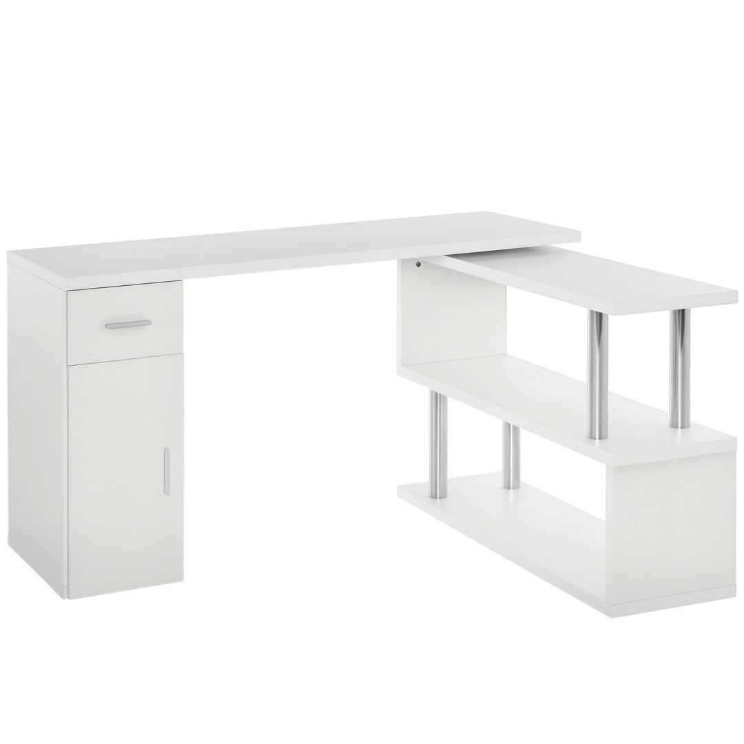 HOMCOM L-Shaped Rotating Computer Desk Home Office Study Workstation with Storage Shelves, Cabinet and Drawer for Home & Office, White