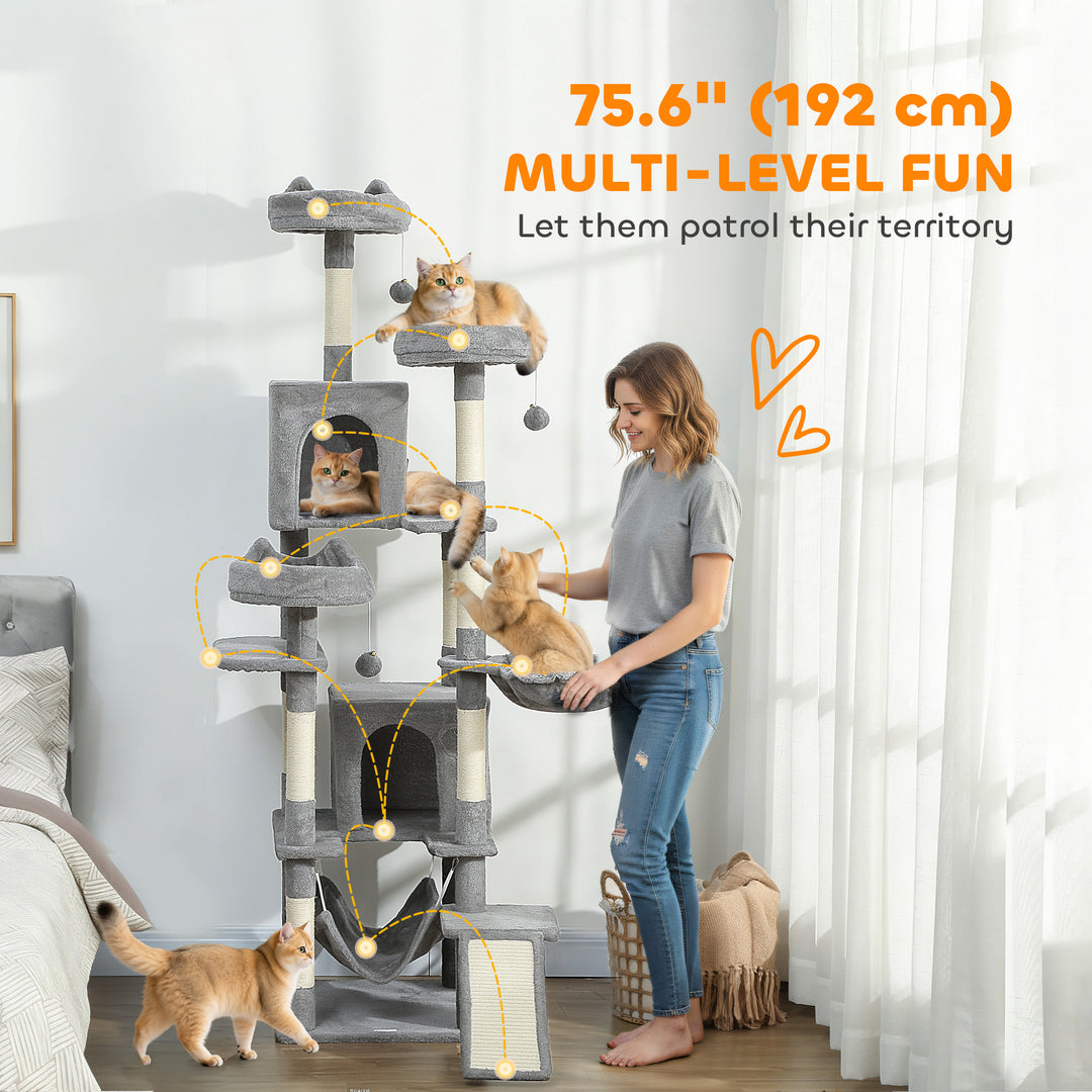 PawHut 76" Large Cat Tree for Indoor Cats with 8 Scratching Posts, 3 Plush Beds, 2 Hammocks, 2 Large Condos, Ramp, Dark Grey
