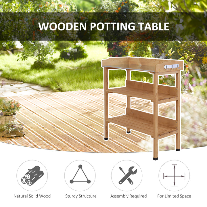 Outsunny Outdoor Garden Wooden Potting Bench Work Station Table Tool Storage Shelf w/ Hooks, Natural