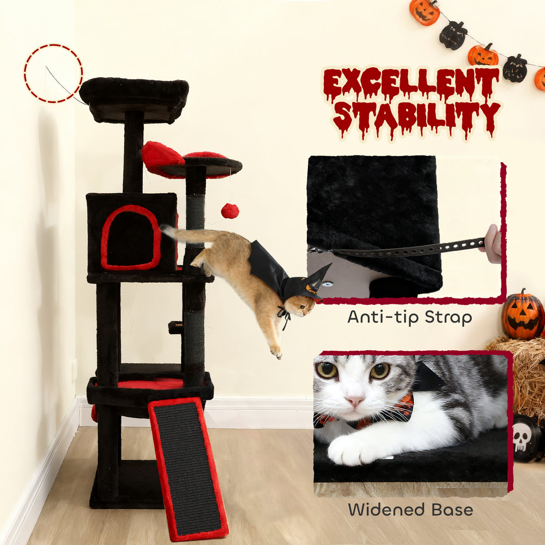 PawHut Gothic Cat Tree, 60" Tall Cat Tower with Coffin Bed,  Sisal Scratching Posts & Ramp, Condo, Hammock, Perches, Black