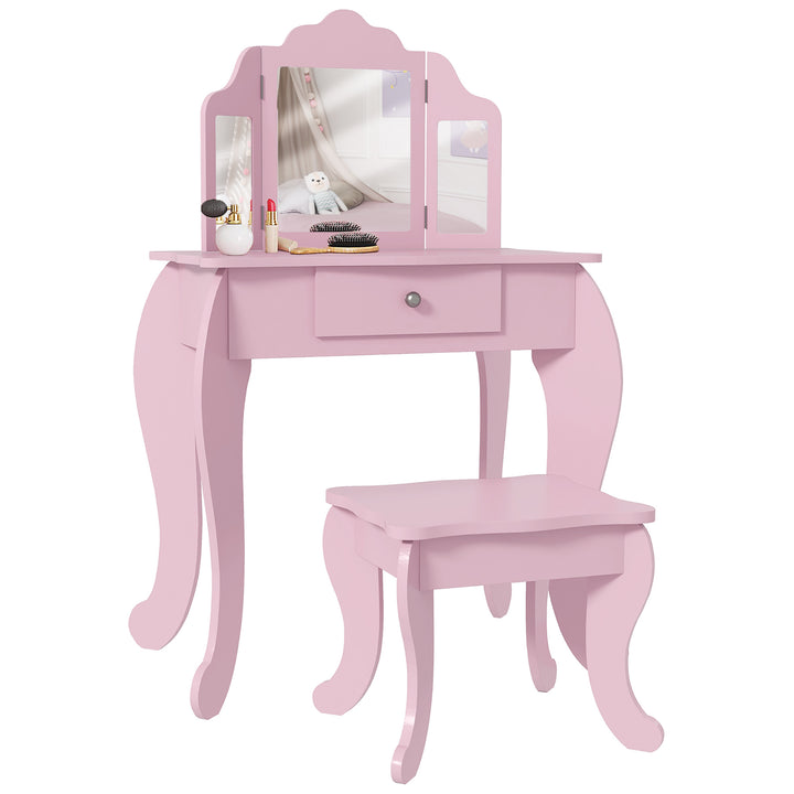 Qaba Kids Vanity Table and Stool, Makeup Vanity Girls Dressing Table Set with Tri-folding Mirrors Drawer Star and Heart Pattern, White