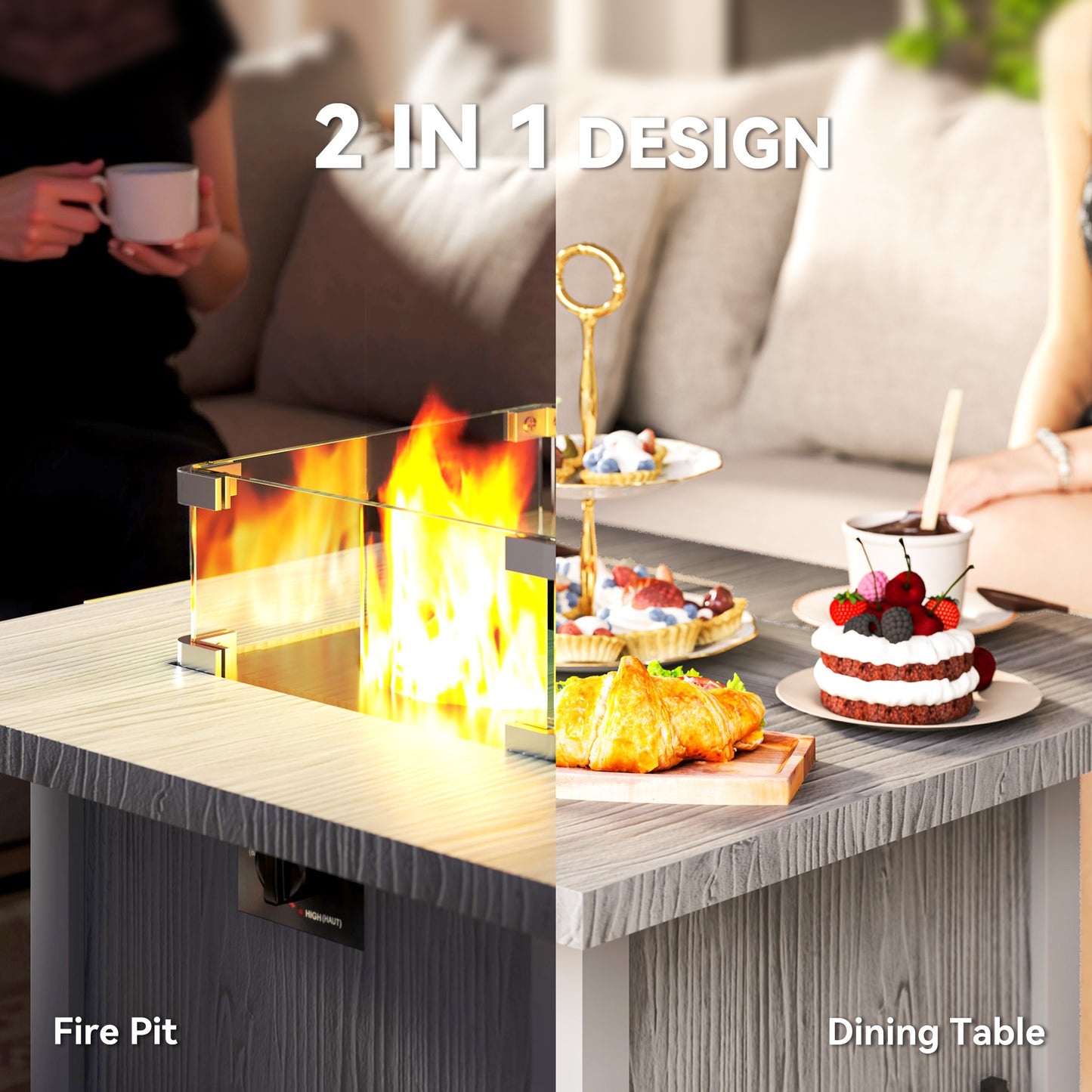 Outsunny 28" 50,000 BTU Gas Fire Pit Table with Cover and Glass Screen, Grey
