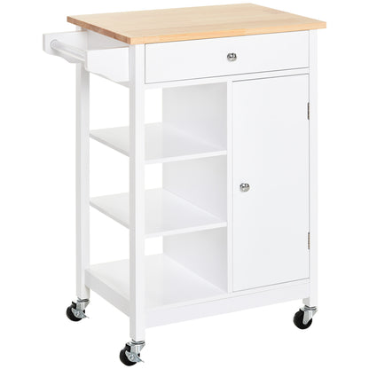 HOMCOM Modern Rolling Kitchen Island Cart with Drawer, Natural Wood Top, Towel Rack, Door Storage Cabinet, White