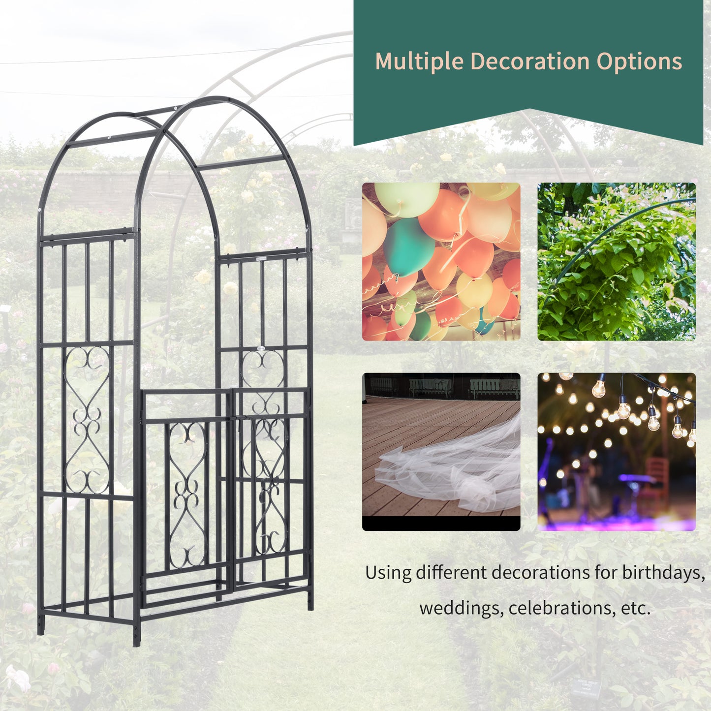 Outsunny 6.7 FT Steel Garden Arch with Gate Outdoor Courtyard Arbor for Climbing Vine Plants Lawn Backyard Decoration Dark Grey