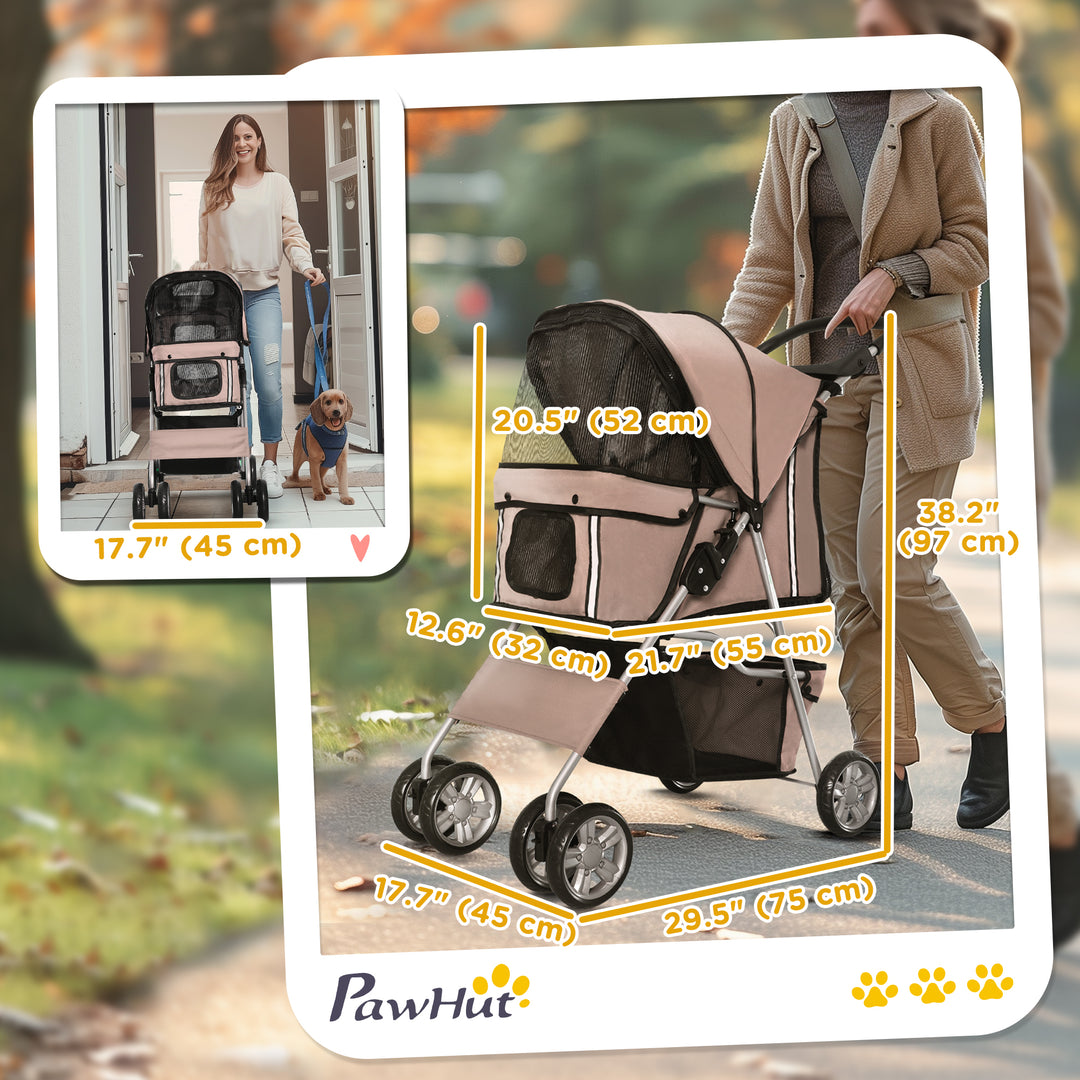 PawHut 4 Wheel Dog Pet Stroller Dog Cat Carrier Folding Sunshade Canopy with Brake, Safety Leash, Cup Holder, Brown