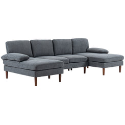 HOMCOM U Shape Couch with Double Chaise Lounge, Modern 4 Seater Sofa with Wooden Legs, Fabric Sofa for Living Room, Dark Grey