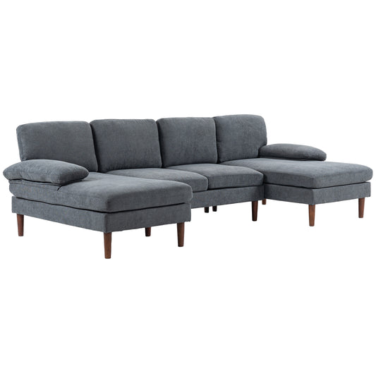 HOMCOM U Shape Couch with Double Chaise Lounge, Modern 4 Seater Sofa with Wooden Legs, Fabric Sofa for Living Room, Dark Grey