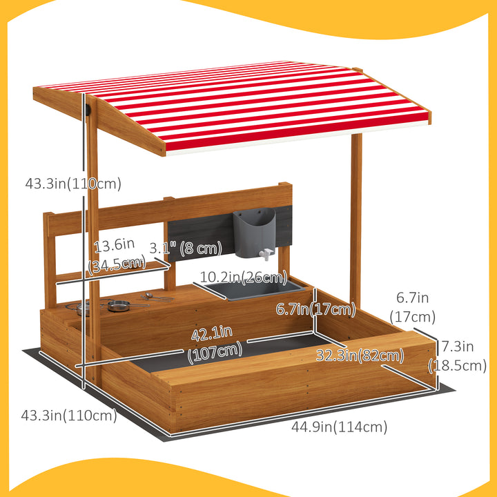 Outsunny Kids Sandbox with Cover Kitchen Playset Toys, Wooden Sand Box with Seat, Storage, for 3-7 Years Old, Grey