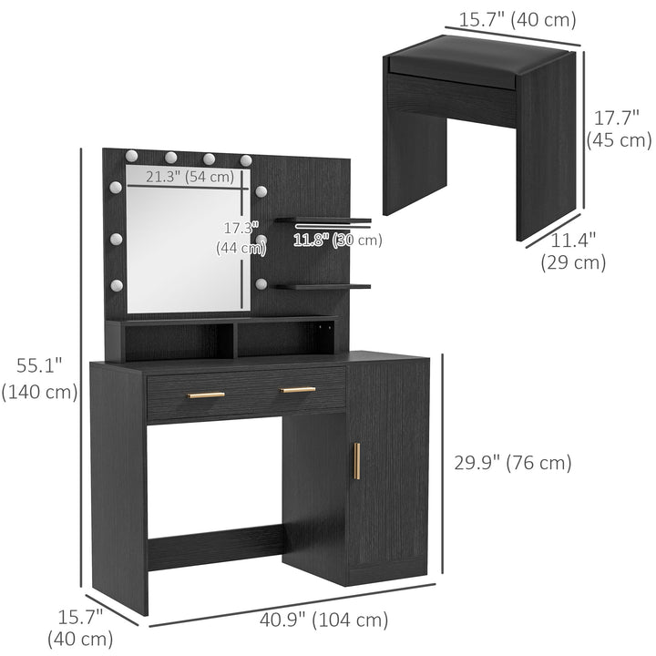 HOMCOM Illuminated Dressing Table Set, LED Vanity Table Set with Stool, LED Mirror, Drawer and Cabinet Shelves for Bedroom