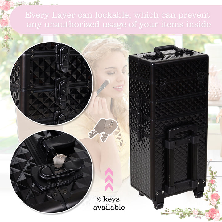 HOMCOM 4 in 1 Portable Aluminum Makeup Case Train Cases, Rolling Makeup Case with 2 Wheels, Multiple Compartments and Lift Handle