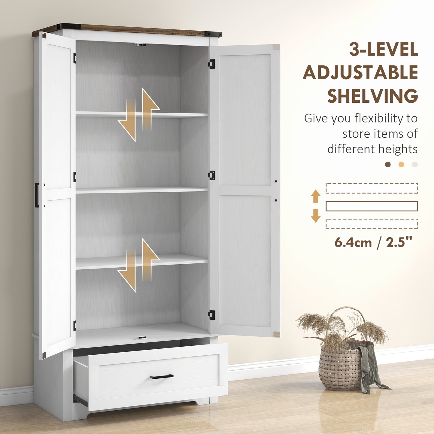HOMCOM 69" Tall Farmhouse Kitchen Pantry Cabinet with 2 Doors, Drawer and Adjustable Shelves, Black Wood Grain