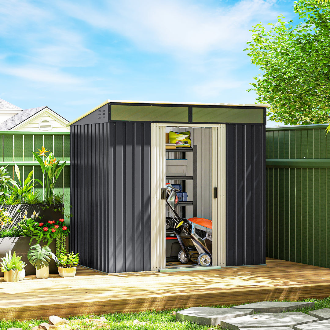 Outsunny 6.5x4FT Galvanised Metal Shed with Foundation Kit, Lockable Garden Tool Storage House with Sliding Doors, Vents, Grey