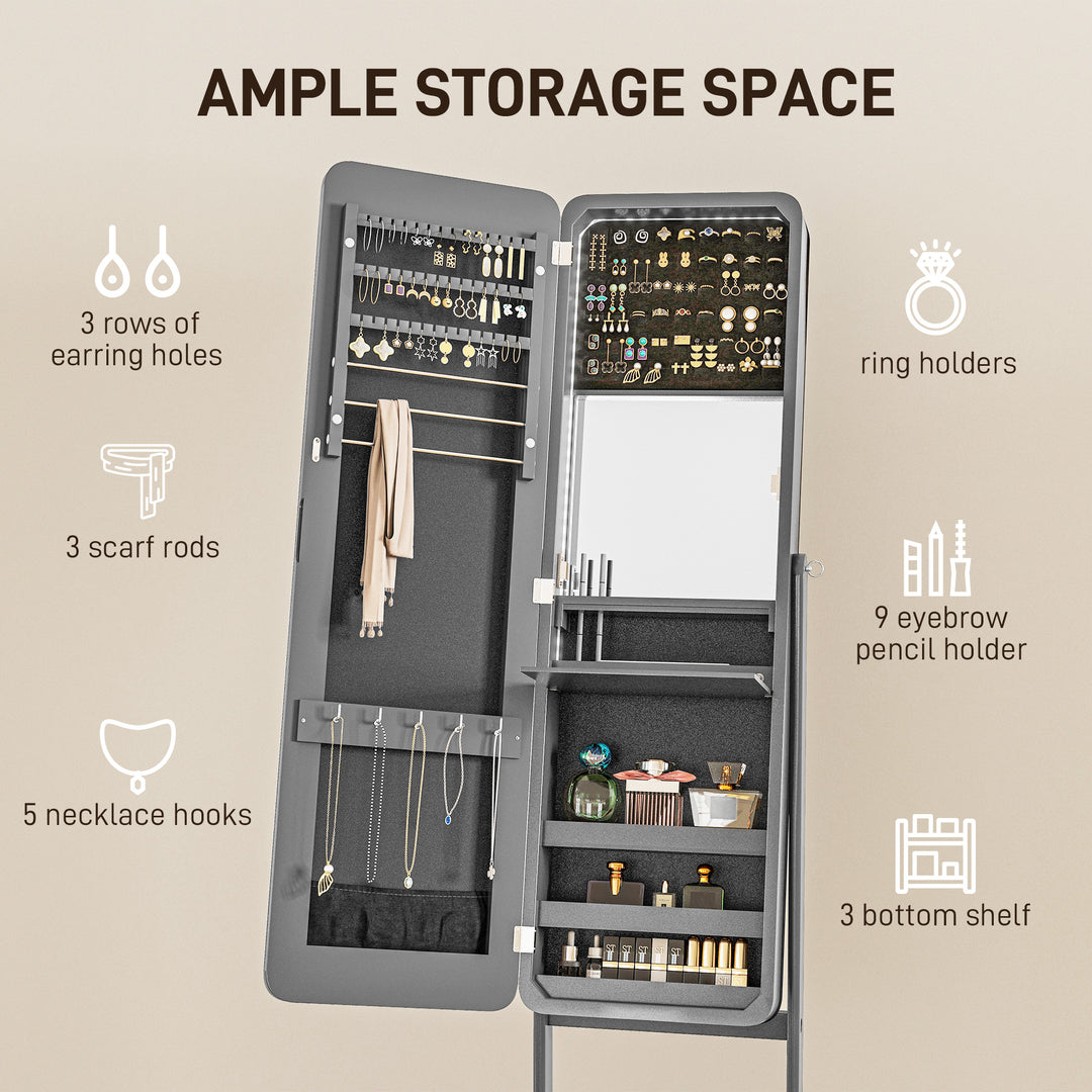 HOMCOM Freestanding Mirror Jewelry Cabinet Armoire, LED Lighted Jewelry Organizer with Stand, Angle Adjustable, White