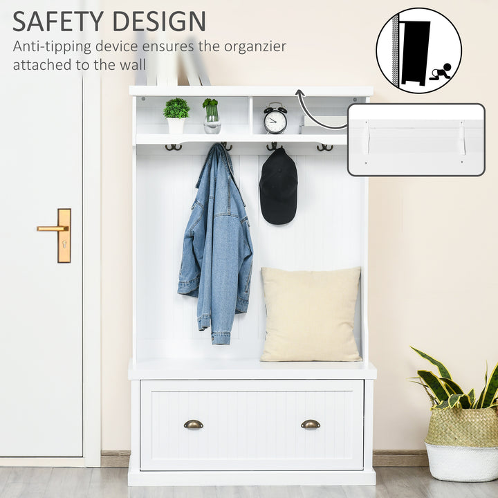 HOMCOM 40" Coat Rack Shoe Bench, 3-In-1 Entryway Hall Tree with Shoe Storage Bench, Modern Coat Hanger Stand with 4 Double Hooks and 2 Shelves for Hallway, Living Room, White