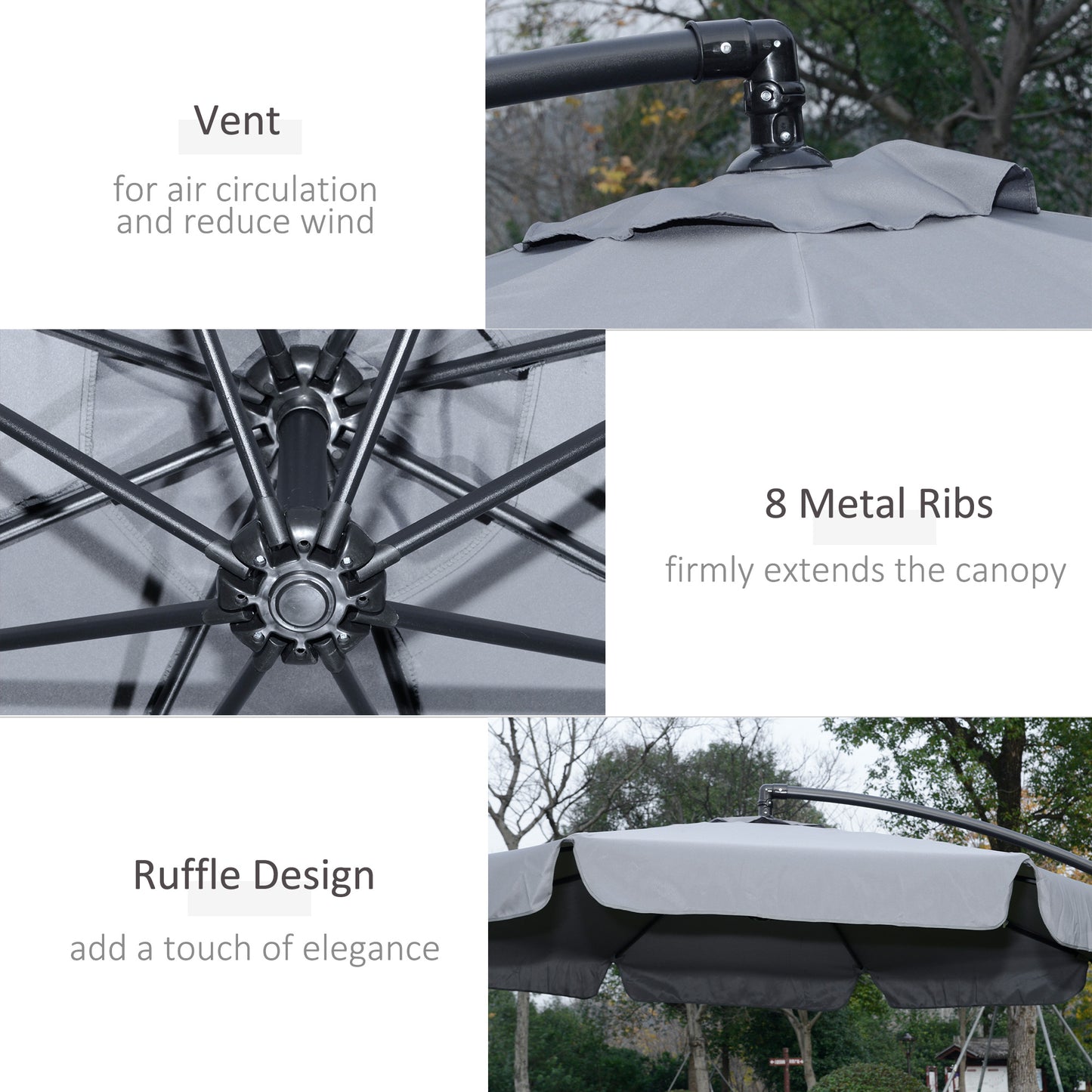 Outsunny 9FT Offset Hanging Patio Umbrella Cantilever Umbrella with Easy Tilt Adjustment, Cross Base and 8 Ribs for Backyard, Poolside, Lawn and Garden, White