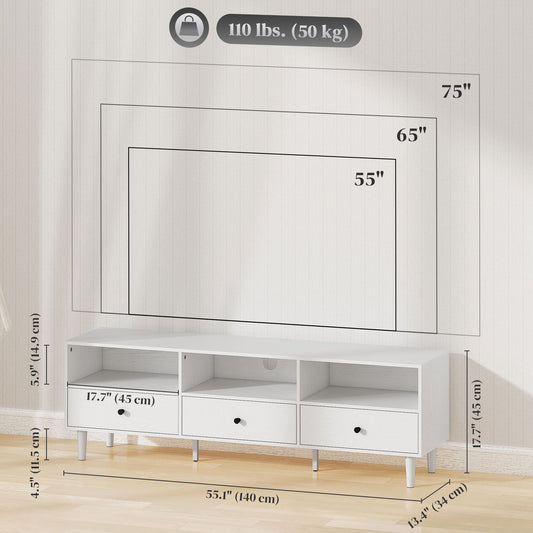 HOMCOM TV Stand for up to 75 Inches, TV Table with 3 Storage Shelves, 3 Drawers for Living Room, Bedroom, White