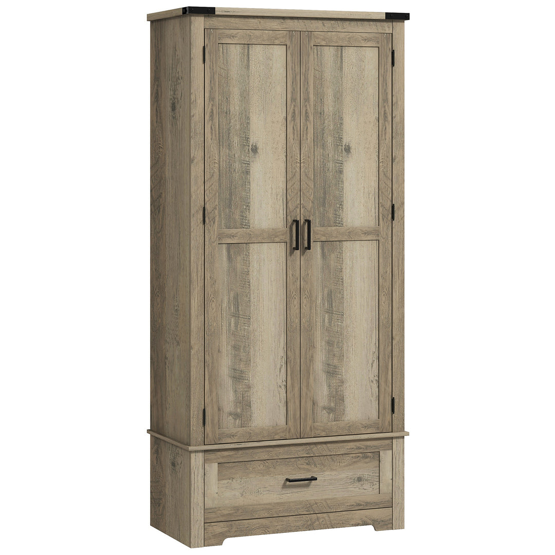 HOMCOM 69" Tall Farmhouse Kitchen Pantry Cabinet with 2 Doors, Drawer and Adjustable Shelves, Black Wood Grain