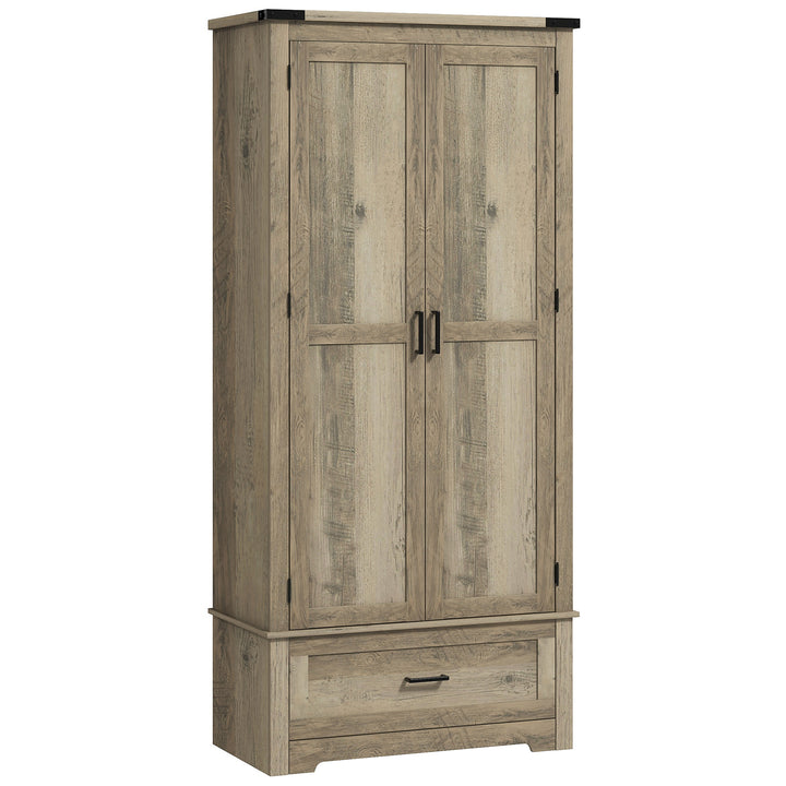 HOMCOM 69" Tall Farmhouse Kitchen Pantry Cabinet with 2 Doors, Drawer and Adjustable Shelves, Black Wood Grain